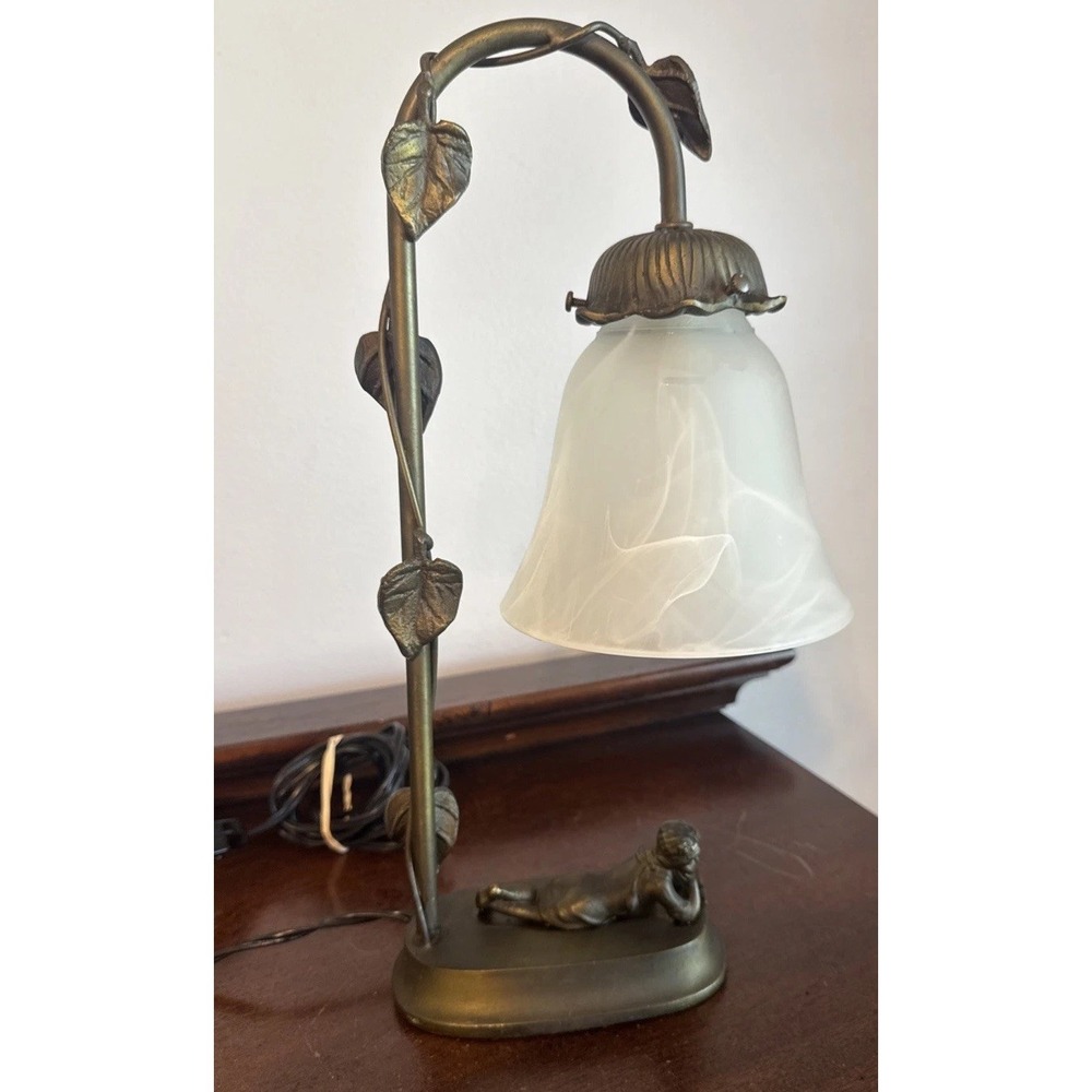 14.5" Vintage Gold-tone Girl Reading Metal Pole Leaves Desk Side Table Lamp
